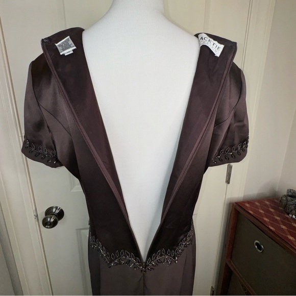 Vintage Oleg Cassini Black Tie Brown Satin Beaded Short Sleeve Dress Sz 12 - Picture 7 of 17
